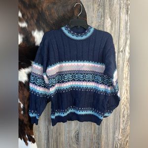 62East size small navy blue with pink and white jacquard style print crew neck